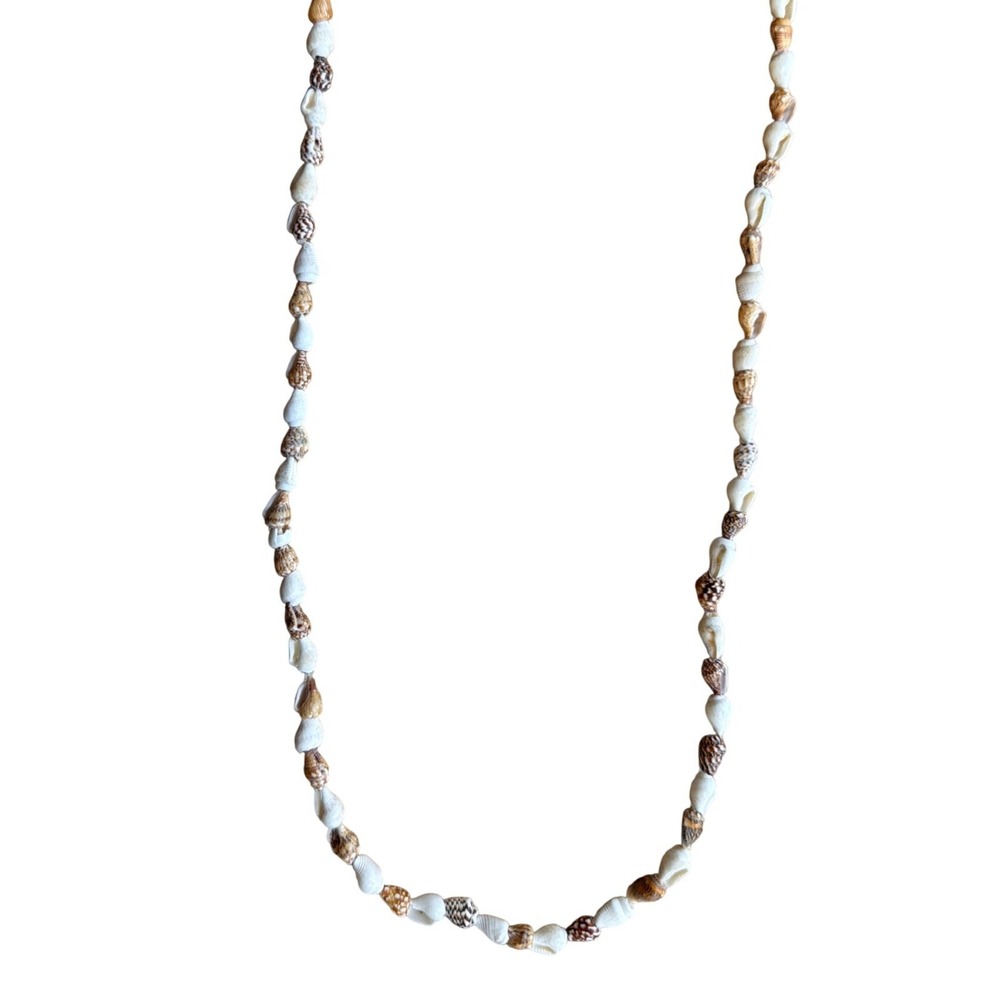 Vintage Long Puka Shell Necklace Natural Brown White Sea Shell Boho Coastal